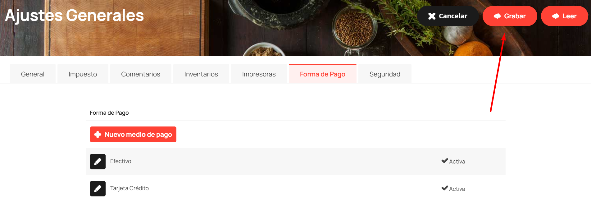 guardar forma de pago en toteat