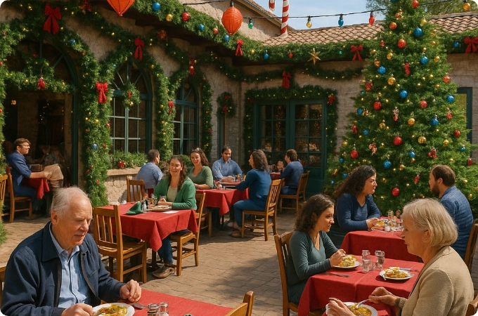 Restaurante en temporada navideña, con decoración navideña