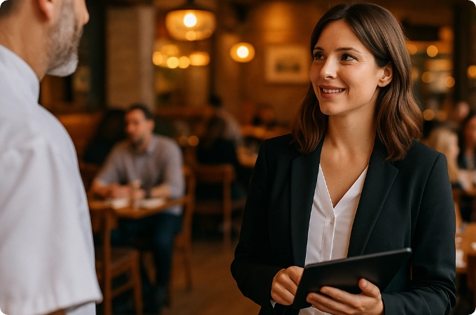 mujer gerente de restaurante con chef