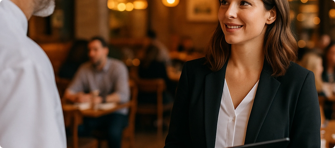 mujer gerente de restaurante con chef