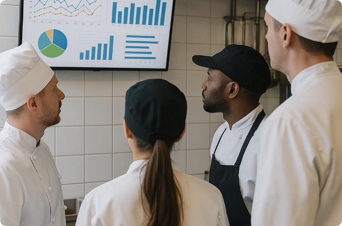 equipo de cocina revisando reportes para restaurantes